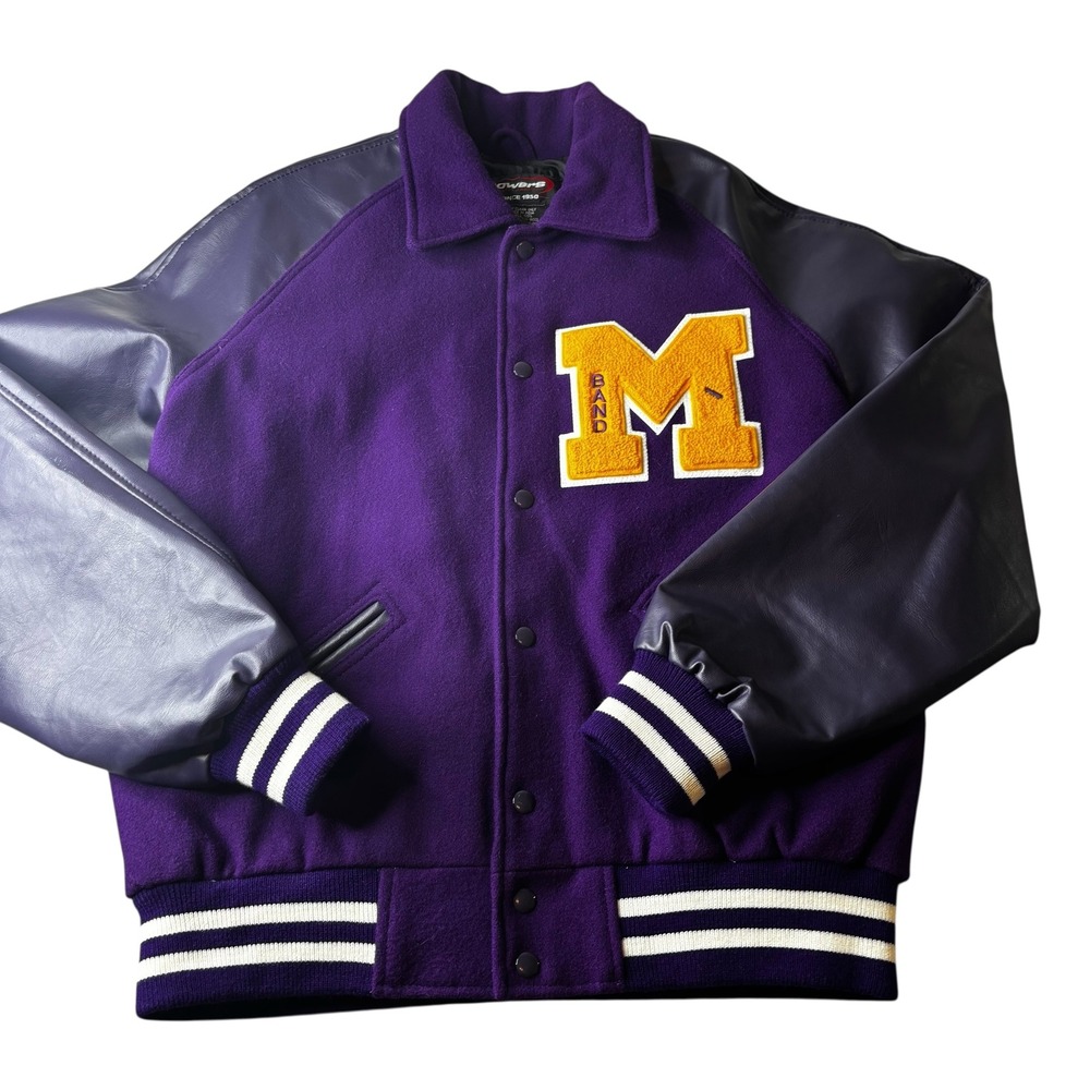 Powers Varsity Jacket Purple Band Letterman Wool Blend Leather Sleeve Coat SZ M